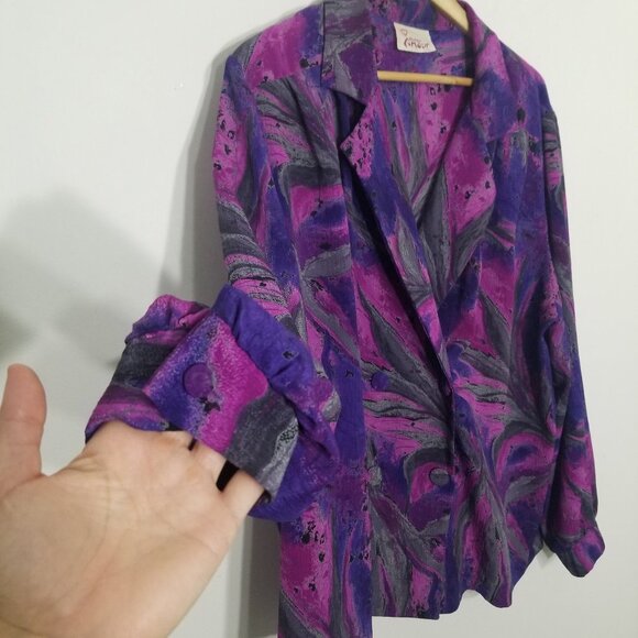 Vintage 80s/90s Blouse Blazer Long Sleeve Purple Gray Floral Vintage Button Down - Picture 7 of 16